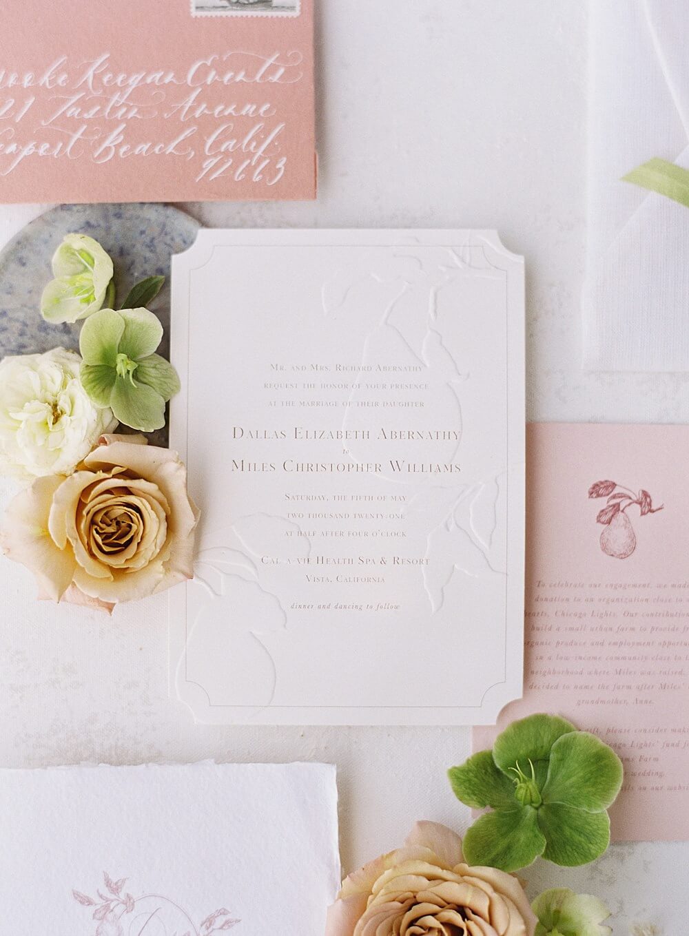 Peach cream and green wedding invitations with pear embossing details  - Jacqueline Benét Photography