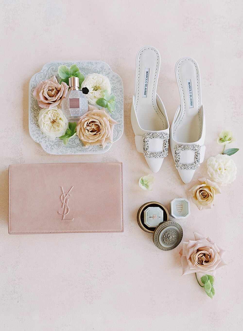 luxury bridal details and manolo blahnik bridal shoes with peach cream and green florals - Jacqueline Benét Photography