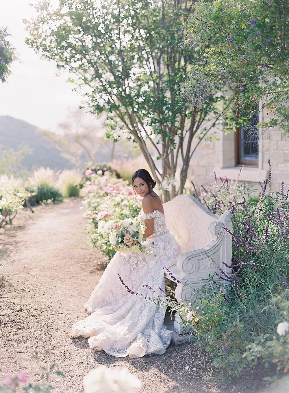 Bride in sunkissed garden at Cal-a-vie spa- Jacqueline Benét Photography