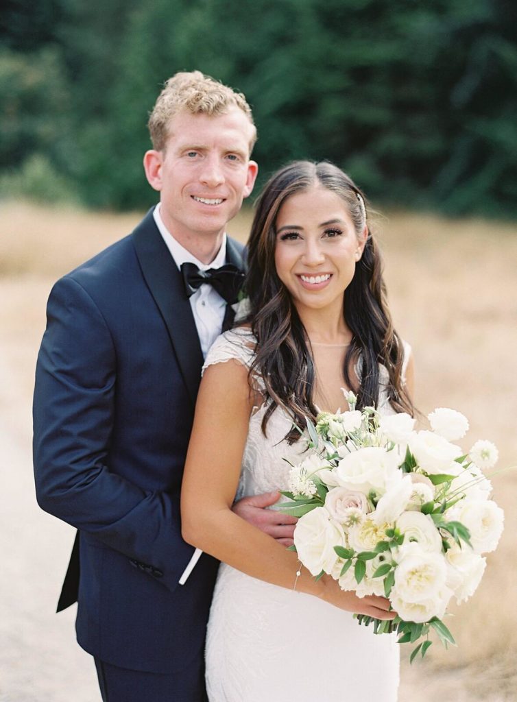 Bride and Groom classic portrait at Discovery park in black tux with white bridal bouquet - Jacqueline Benét Photography