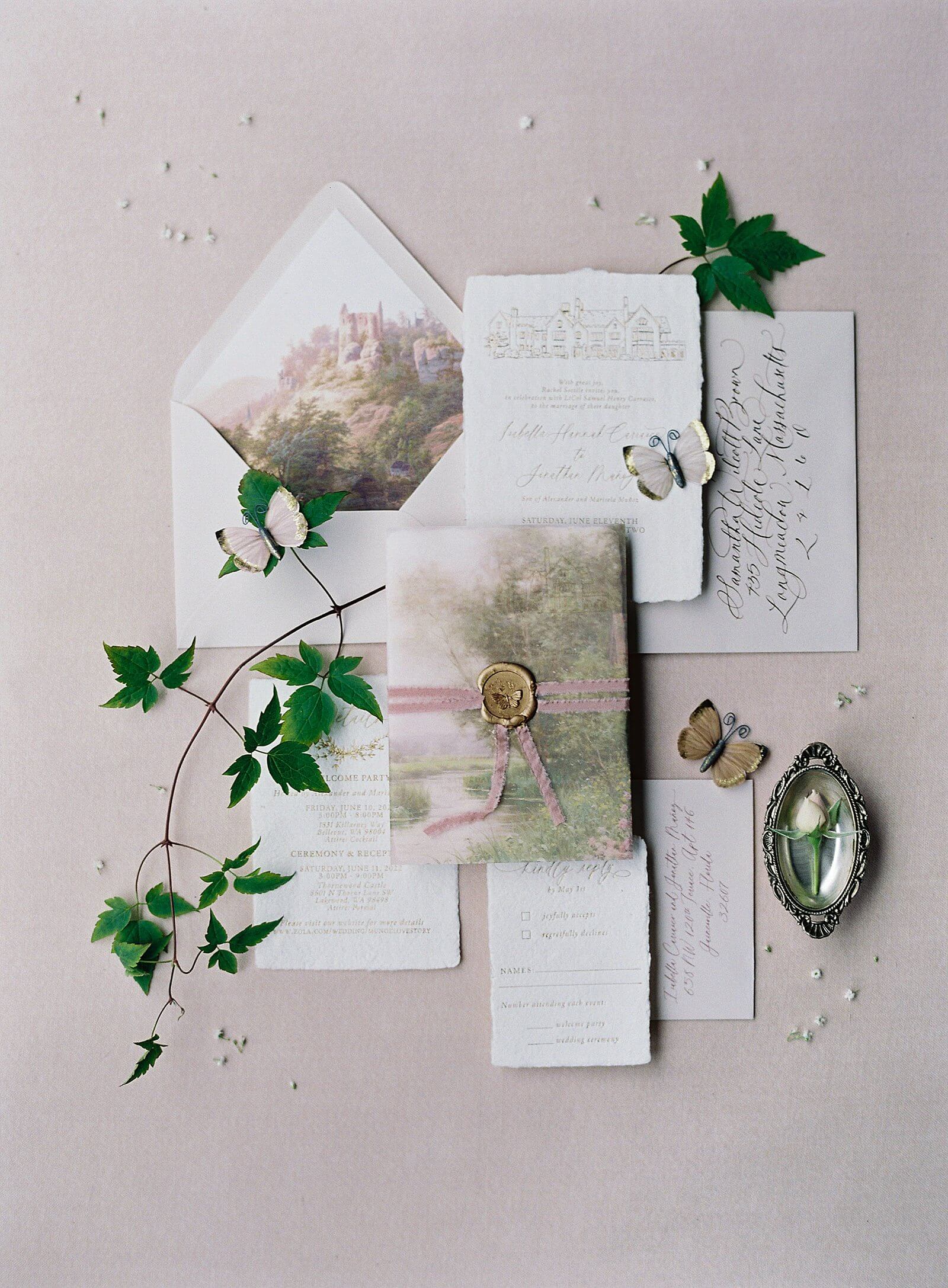 Butterflies on old world wedding stationary in mauve and gold - Jacqueline Benét Photography