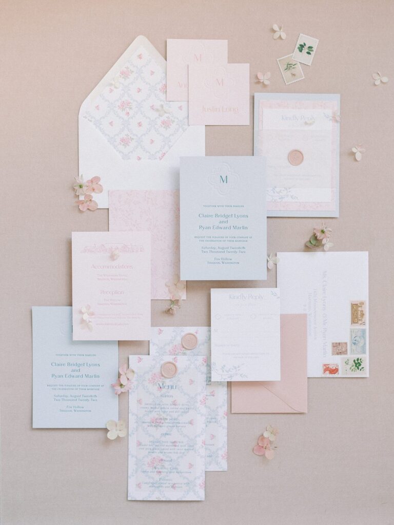 Light blue and blush garden rose wedding invitations in a classic and preppy style - Jacqueline Benét Photography