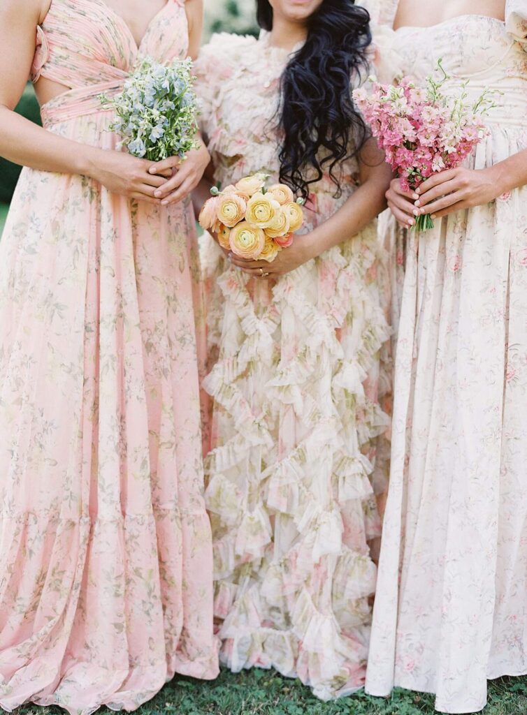 Pink and blush mismatched floral bridesmaid dresses in McDougal, Selkie, and Needle and Thread with one floral type bouquets - Jacqueline Benét Photography