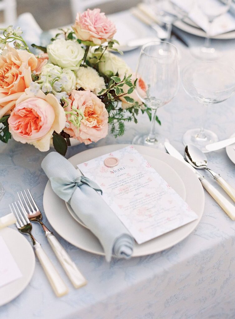 Pale blue and blush wedding reception tabletop - Jacqueline Benét Photography